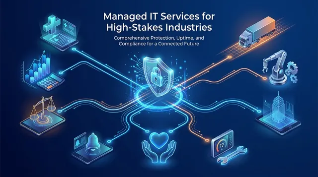 Isometric illustration titled 'Managed IT Services for High-Stakes Industries' showing a central security shield connected to healthcare, finance, legal, nonprofit, logistics, manufacturing, real estate, and field service icons