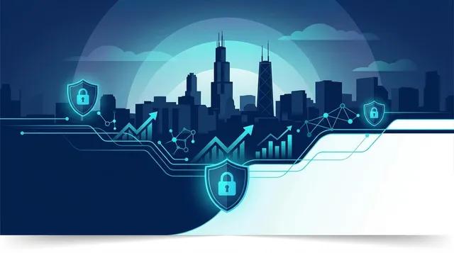 Illustration of the Chicago skyline with security shield icons, rising trend line charts, and connected network graphics representing managed IT pricing and value