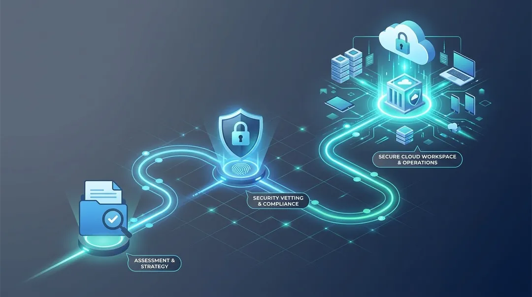 Illustration of the IT outsourcing process moving from assessment and strategy through security vetting and compliance to a secure, managed cloud workspace