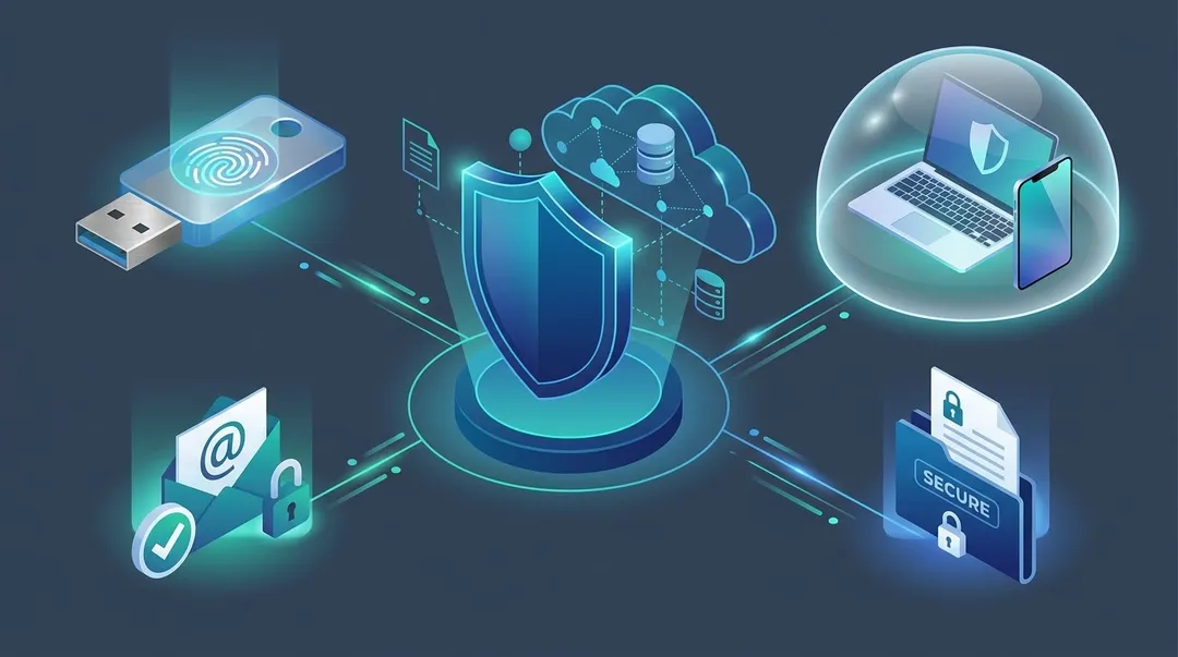 Isometric illustration of a central security shield connected to identity, cloud, email, endpoint device, and document protection — representing layered Microsoft 365 security