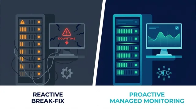Side-by-side comparison of reactive break-fix IT causing downtime versus proactive managed IT monitoring keeping systems running