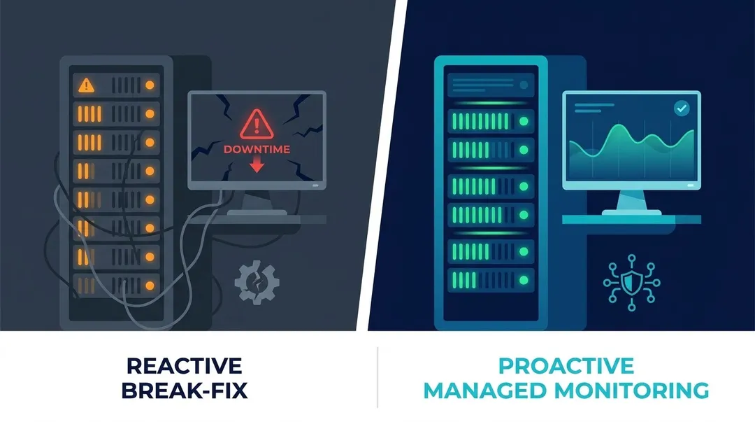 Side-by-side comparison of reactive break-fix IT causing downtime versus proactive managed IT monitoring keeping systems running