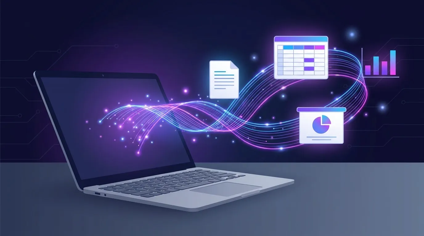 Laptop with documents, spreadsheets, and charts flowing from the screen, representing Microsoft 365 Copilot generating content across Word, Excel, and PowerPoint