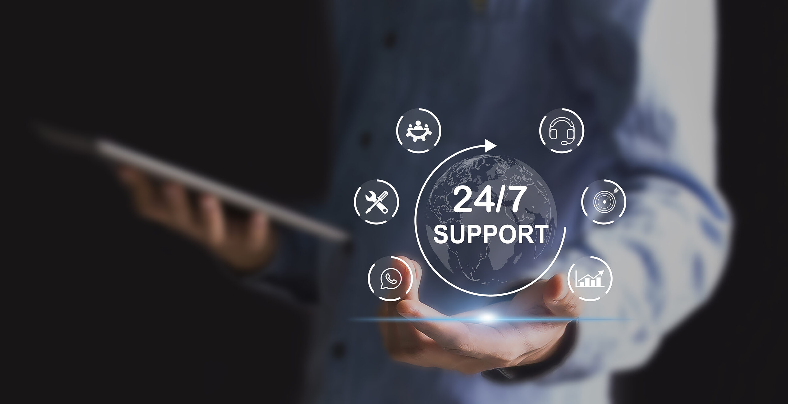 Businessman holds virtual 24-7 with clock in hand for non-stop and full-time global contacts. Dynamic customer service concept