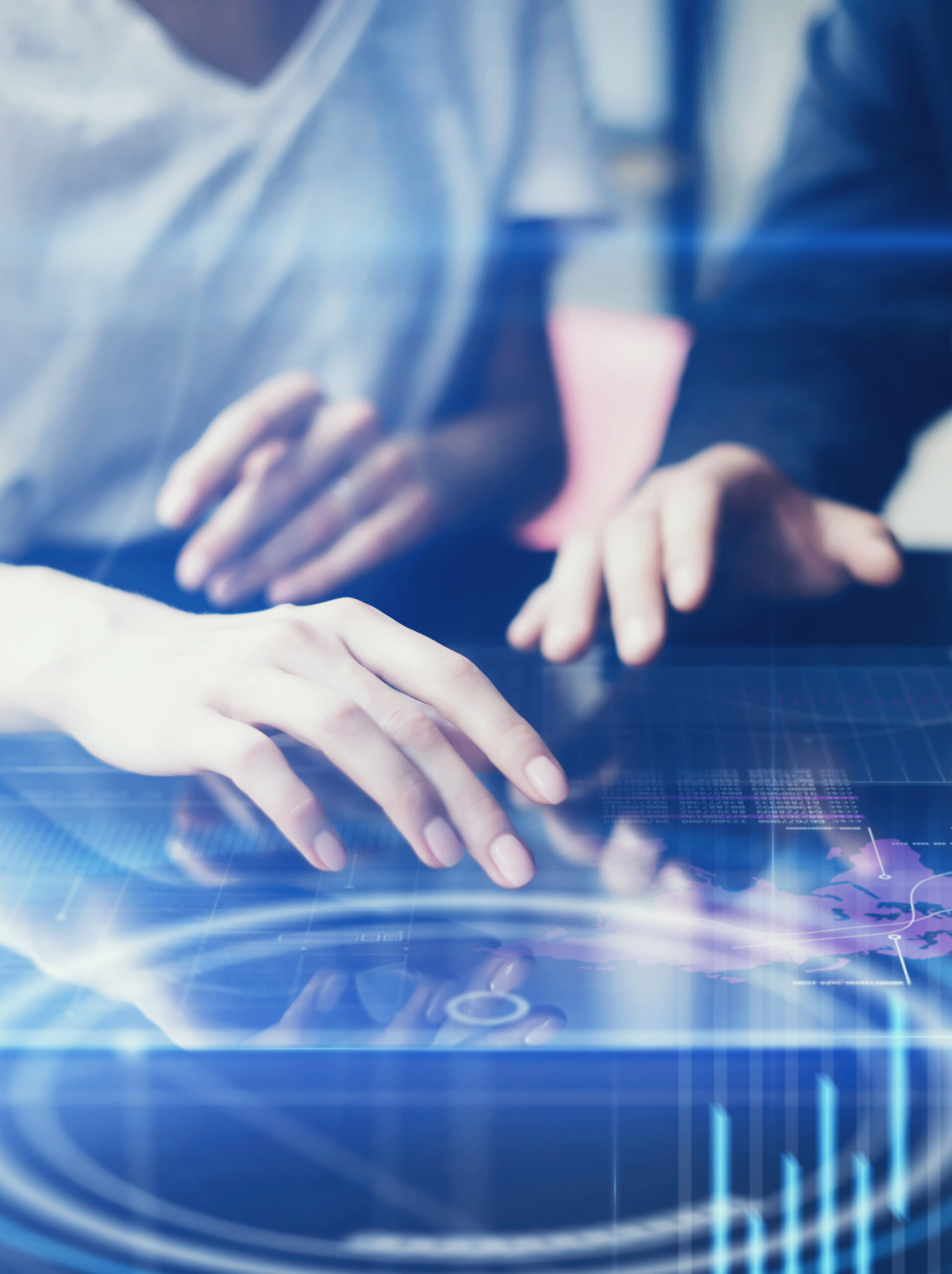 Working on progect with futuristic digital tablet