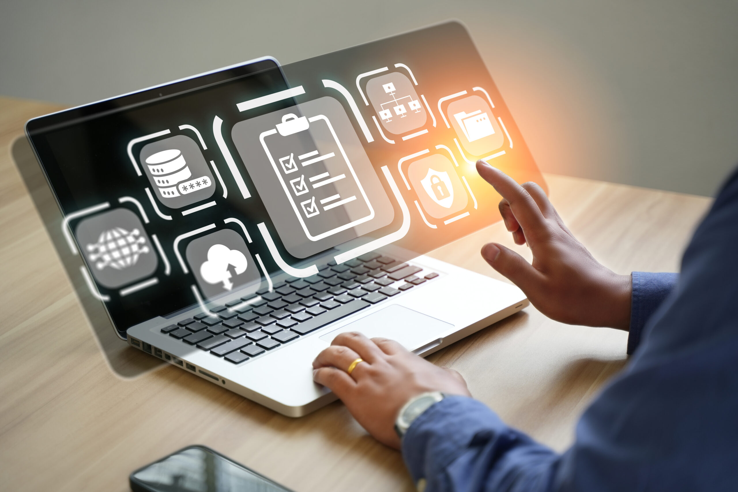 a businessman using a computer to manage documents online document database and digital file storage system or save the software database technology file access access to document files Business concept.