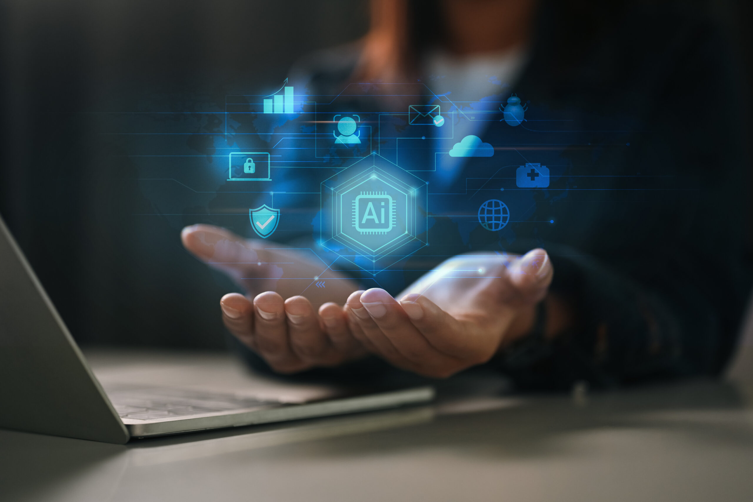 Artificial intelligence of futuristic technology concept. Businesswoman holding virtual ai technology icon